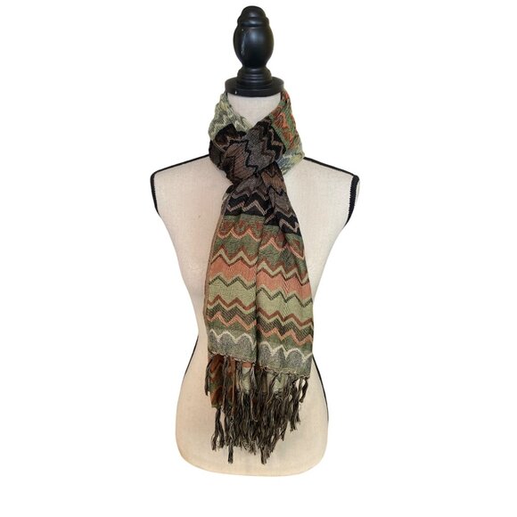 Womens Rectangle Scarf Wrap Chevron Fringe Green Orange Boho - Picture 1 of 7